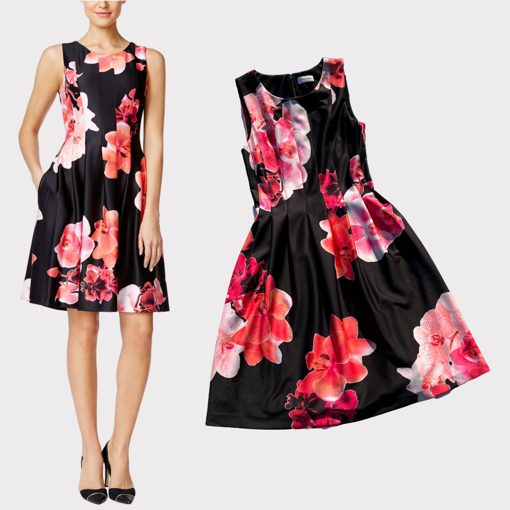 Calvin Klein Short Fit & Flare Scuba Dress Sleeveless Floral Black Red Womens M